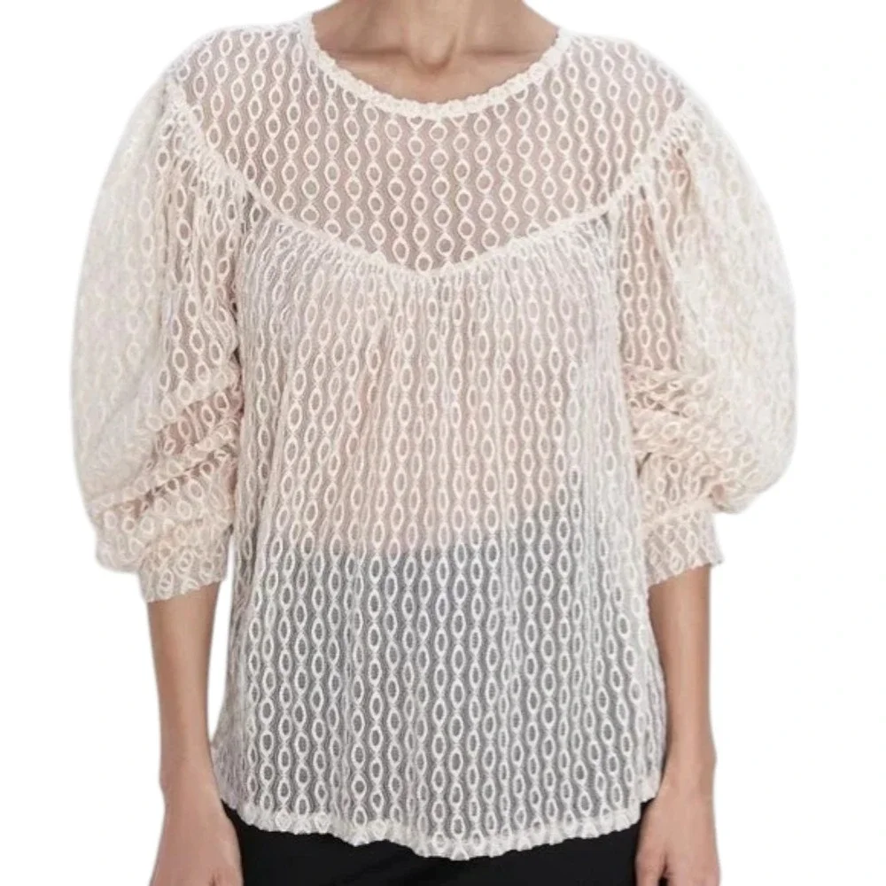 Zara Lace Blouse Cream Puff Sleeve Sheer Textured‎ Boho Peasant Coquette Top S